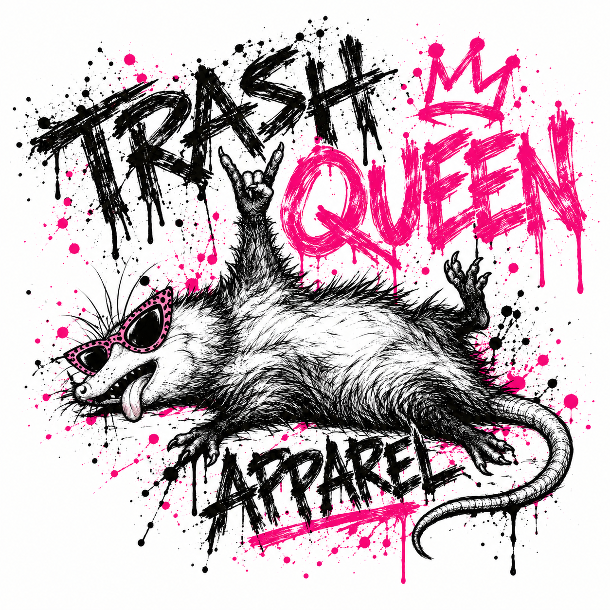 Trash Queen Apparel scratched black and pink logo with reclining opossum wearing leopard sunglasses